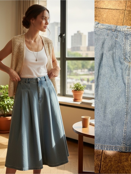 Dresses & Skirts - Vintage Jean Blue Denim Midi Skirt Size Large Elastic Back Waist Modest